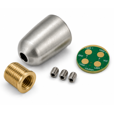Kit conector para cámara de inspección con cuerpo metálico, placa interna, rosca dorada y pernos de fijación.